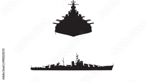 Submarine warship silhouette icon with periscope and naval deck elements in bold black vector style featuring military, stealth, torpedo craft with