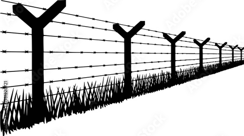 Black silhouette of a barbed wire fence with grass against a white background, receding into distance