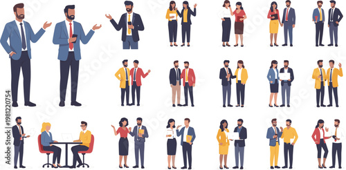 business professionals illustration set, corporate team characters, office workers,meeting discussion, diverse colleagues, men women, workplace interaction, modern flat design collection
