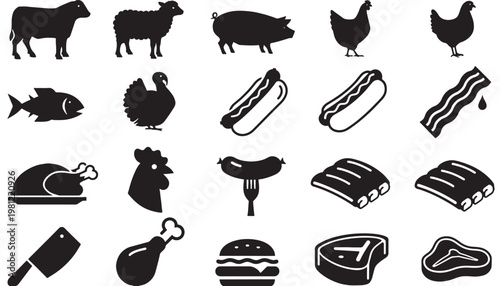 Farm animal and food icon set in bold black silhouettes on white background for lifestyle and education