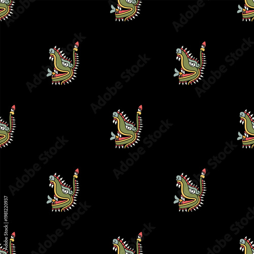 Seamless ethnic pattern with heads of fantastic monster or dragon Cipactli. Aztec mythology. Indigenous Native American design from Mexican codex. On black background.