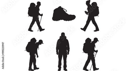 Travelers backpacker silhouettes icon set with walking pose, camera gear, and white background featuring tourism, tourism travel, backpack with