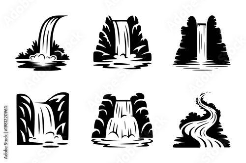 Collection of stylized black and white waterfall white background, nature cascade