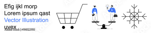 Online shopping, business strategy, decision-making, teamwork, seasonal design, graphic . Shopping cart, professionals on balance scale snowflake icon. Online shopping and business strategy concepts