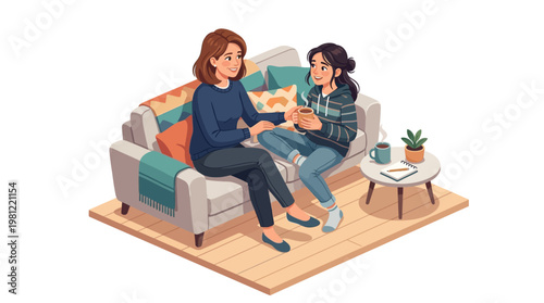 Two women sitting on sofa.