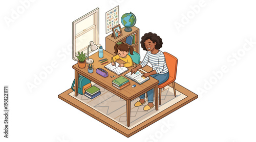 Two Women Working at Desk.