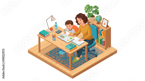 Woman and child at desk.