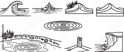 Illustrations of various types of marine life and a shipwreck Vector