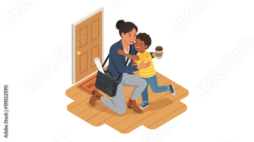 Woman and child moving house.