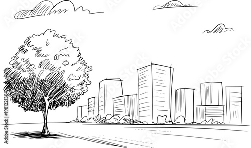 Hand-drawn of a solitary tree in a park against a city skyline with clouds buildings