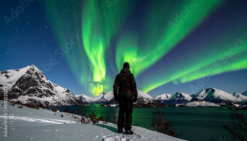 Silhouetted figure watches aurora borealis over snowy mountains and a dark lake