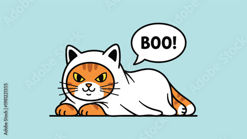 Humorous Halloween illustration depicting an angry-looking ginger cat playfully hiding under a white ghost costume, exclaiming "BOO!" in a speech bubble on a light blue background.