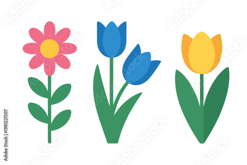 Simple flat flowers: pink daisy, blue tulips, yellow tulip white background