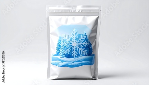 Silver stand-up pouch with wintery scene, featuring a blue snowflake, pine trees, and snowy hills on white