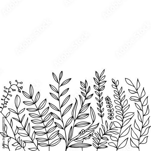 Seamless set of black and white vintage floral elements featuring abstract leaf patterns and olive branch silhouettes for a nature-inspired vector illustration design