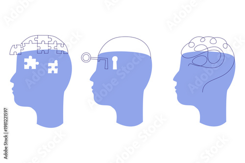 Set of mental health illustrations. struggle with mental disorders, stress, depression, emotional burnout. Vector illustration in flat style