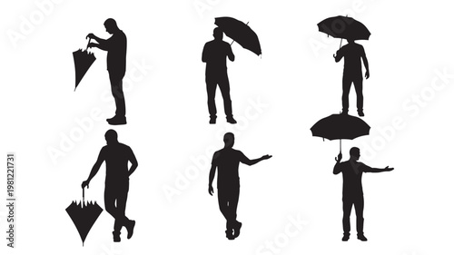 Umbrella silhouette icon set with walking people, umbrella holding pose, and suitcase carrying figure