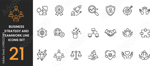 Business Strategy and Teamwork Line Icon Set – Thin Outline Editable Stroke Icons for Growth, Innovation, Security, Analytics, Partnership and Success Concepts