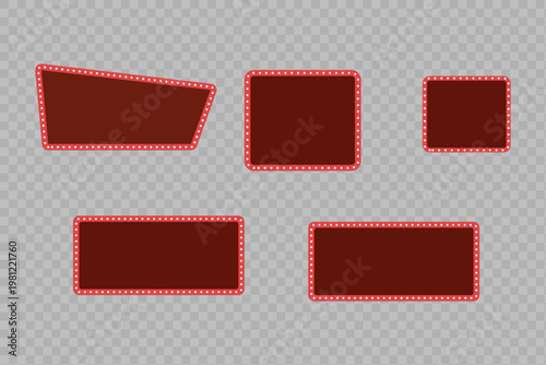 Set of retro frame with glowing lamps, square, rectangular and custom shapes realistic vector illustration isolated on transparent background.