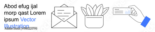Communication, office work, personal ID, stationery, decor, information sharing. Envelope and plant pot alongside a hand holding a card. Communication and office work