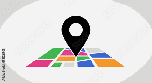 A black location pin icon centered on a colorful, segmented map representing navigation and geographical data.