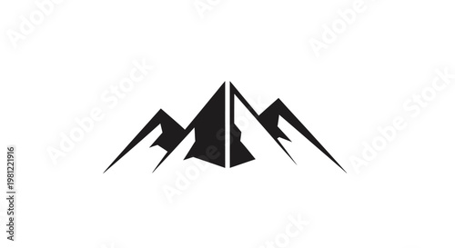 Minimalist black and white vector logo design featuring a stylized mountain range with sharp, geometric peaks, representing adventure and nature.