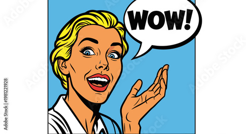 Pop art illustration of a surprised blonde woman with blue eyes exclaiming 'WOW!' in a speech bubble, expressing amazement or excitement.