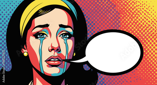 Vibrant pop art illustration of a distressed woman with blue tears streaming down her face and an empty speech bubble on a colorful halftone background.