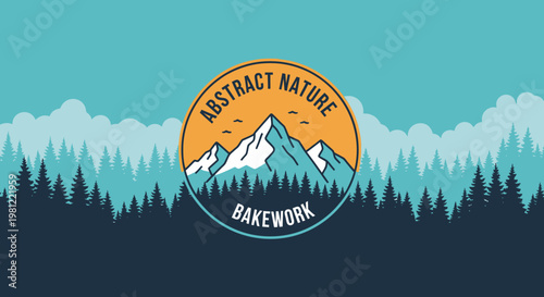 A minimalist vector illustration depicting a serene mountain landscape with pine trees and clouds, featuring a circular emblem with 'Abstract Nature Bakework' text.