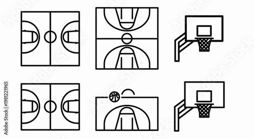 Set of minimalist line art icons depicting various basketball courts and hoops, ideal for sports-themed designs and graphic resources.