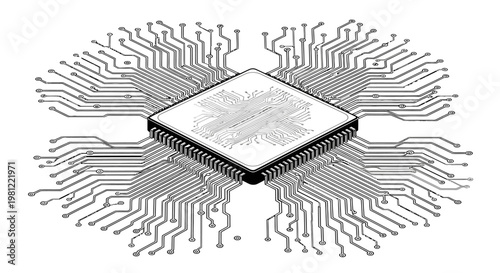 A black and white illustration of a microchip at the center with numerous circuit board traces extending outwards, resembling a digital brain or neural network.