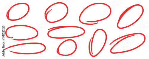 Hand drawn red circle highlight marks set, marker pen doodle oval shapes and emphasis scribbles. Brush stroke sketch highlight loops collection vector