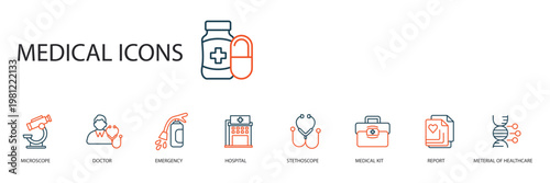 medical icons set outline and Flat Style,transparent background