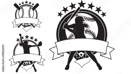 Baseball player silhouette emblem with stars, bat, curved badge ribbons and black vintage sport icon design