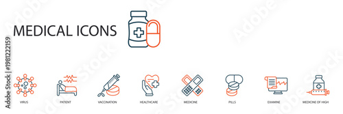 medical icons set outline and Flat Style,transparent background