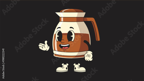 Whimsical retro cartoon character representing a happy coffee pot with a friendly face, arms, and legs, cheerfully gesturing on a dark background, perfect for cafe branding.