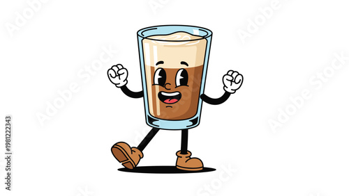 Whimsical retro cartoon character representing a happy glass of coffee with a friendly face, arms, and legs, cheerfully striking a pose on a clean white background, perfect for cafe branding.