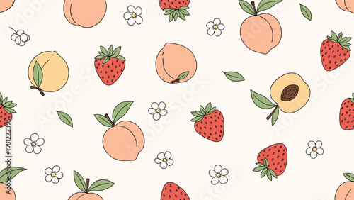 Delightful seamless pattern featuring ripe peaches, juicy strawberries, and delicate white blossoms, scattered organically on a light cream background, perfect for sweet summer designs.