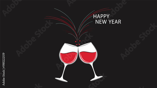 Festive New Year's Eve illustration featuring two red wine glasses clinking in a toast, with celebratory fireworks above and "HAPPY NEW YEAR" text on a dark background.
