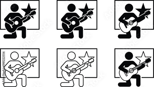 Stylized decorative guitar player icon illustration featuring kneeling musician, star symbol, solid silhouette, outline design, creative musical performance artwork concept.