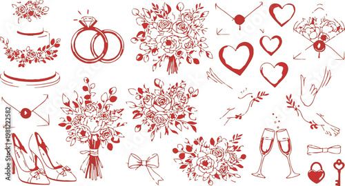 Colorful assortment of vintage-style floral and heart illustrations Vector