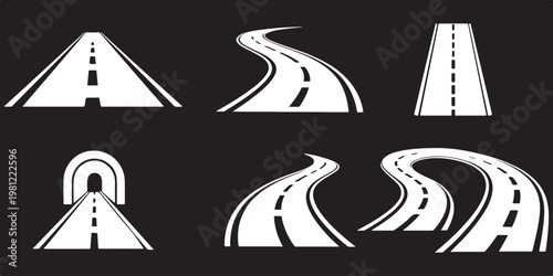 Seamless straight asphalt road graphic with white dashed line markings, top view of a highway street lane for transportation and traffic concepts, isolated vector element for map design