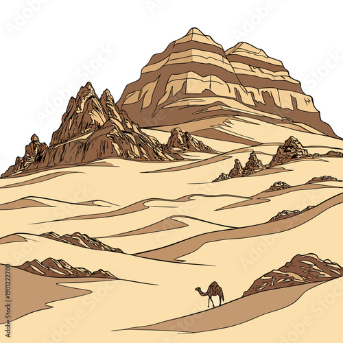 A stylized illustration depicts a vast desert landscape with towering sandstone mountains and a lone camel traversing the dunes high quality professional