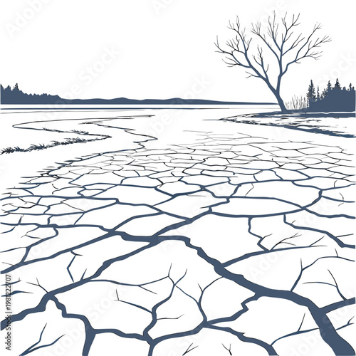A stark minimalist landscape depicts a cracked dry earth leading to a lone barren tree against a muted horizon high quality professional