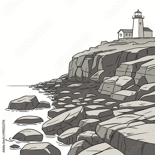 A detailed illustration presents a coastal scene featuring a tall lighthouse perched atop rocky cliffs overlooking a calm sea high quality professional