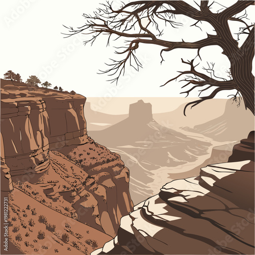 A stylized illustration depicts the grand canyon landscape featuring layered rock formations and a prominent solitary tree high quality professional detailed modern
