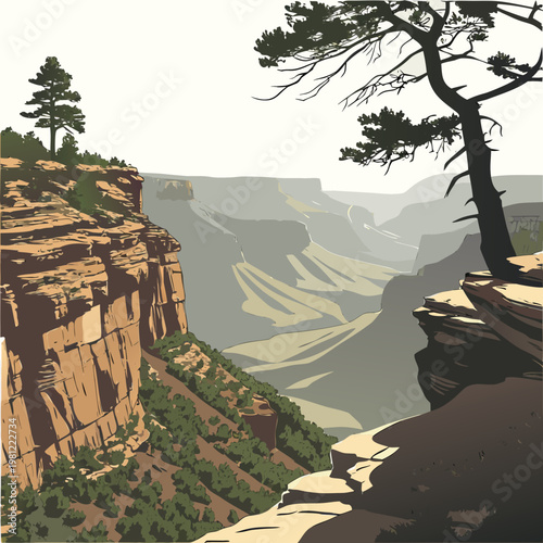 A stylized illustration depicts the grand canyon s layered rock formations and sparse vegetation under a pale sky high quality professional detailed