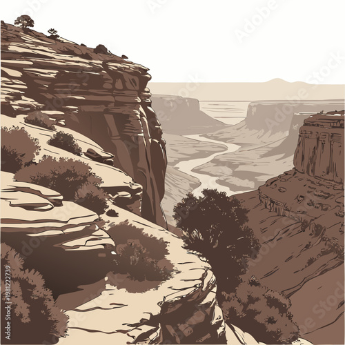 A stylized illustration depicts the vastness of the grand canyon featuring layered rock formations and a winding river below high quality professional
