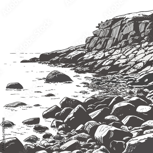 A detailed black and white sketch depicts a rocky coastline with jagged cliffs overlooking a calm expansive ocean surface high quality professional