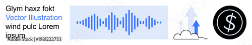 Audio technology, data analysis, economic growth, financial trends, cloud computing, multimedia applications. Soundwave graphic, upward arrow with cloud and dollar icon. Audio technology and data